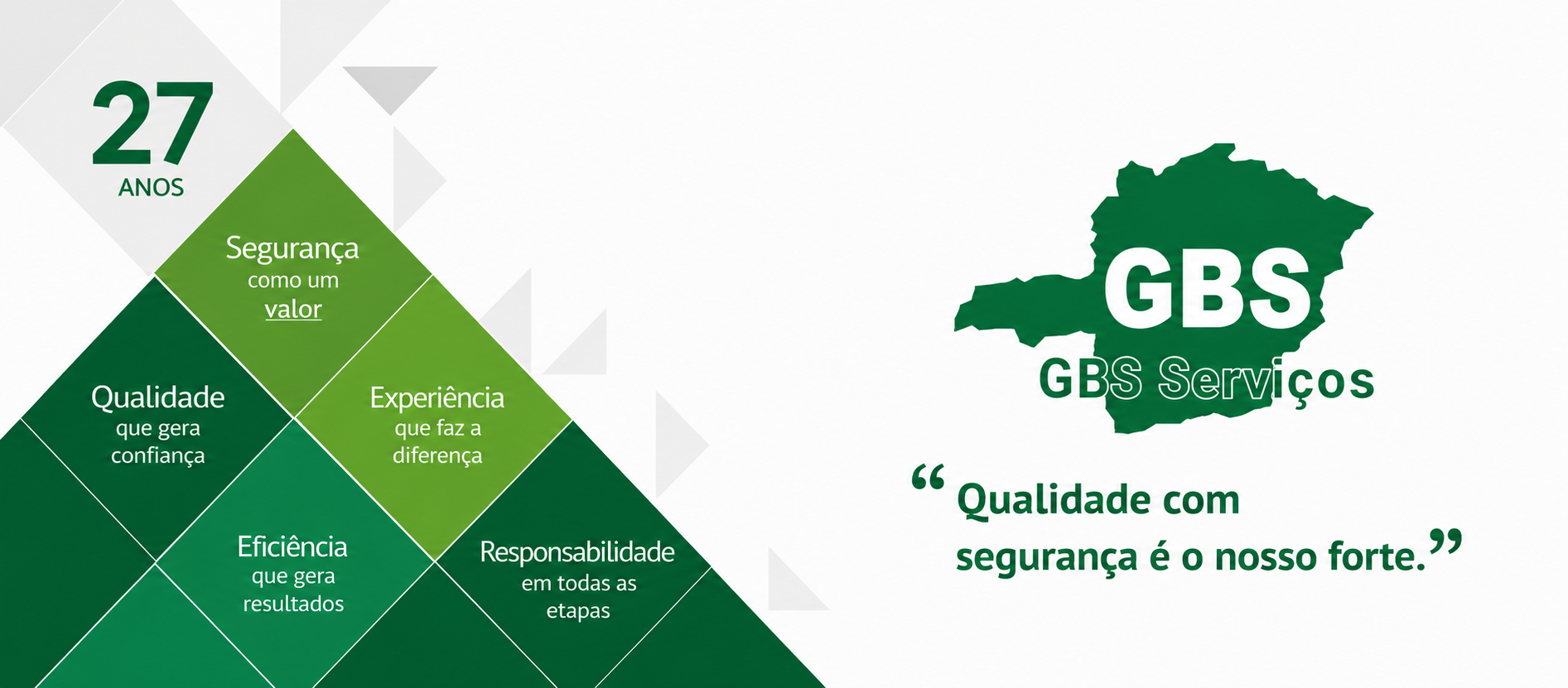 GBS Serviços — 27 anos. Qualidade que gera confiança, Segurança como um valor, Experiência que faz a diferença, Eficiência que gera resultados, Responsabilidade em todas as etapas. Qualidade com segurança é o nosso forte.